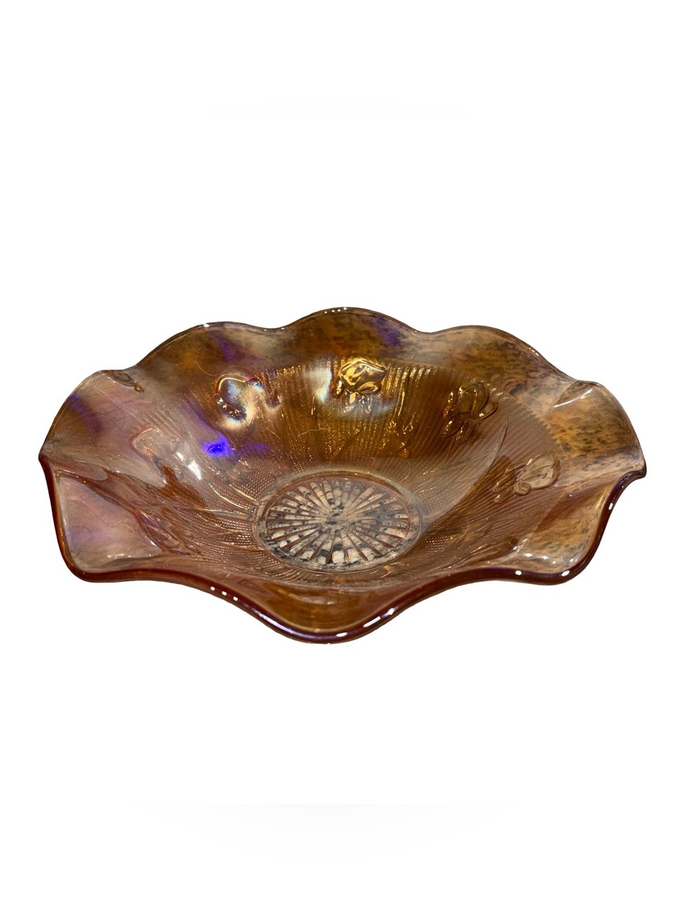 Vintage Marigold Carnival Glass Bowl Iris and Herringbone Ruffled Edge